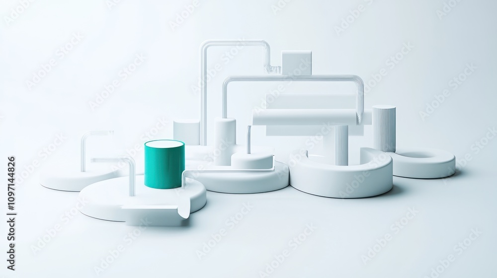 Poster abstract arrangement of geometric shapes and pipes in a minimalist style.