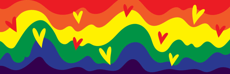 Bright Colorful Abstract Hearts and Rainbow Waves on Background – Pop Art Style Vector Pattern for Love, Pride and Celebration Theme