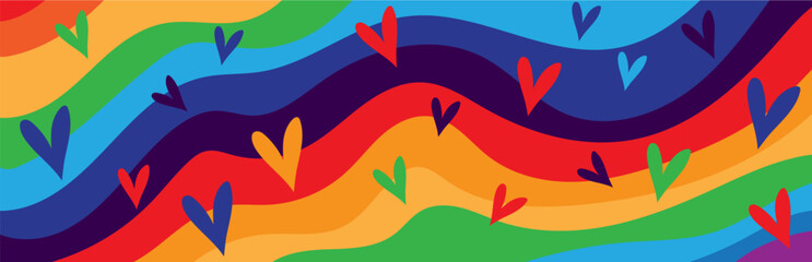 Bright Colorful Abstract Hearts and Rainbow Waves on Background – Pop Art Style Vector Pattern for Love, Pride and Celebration Theme