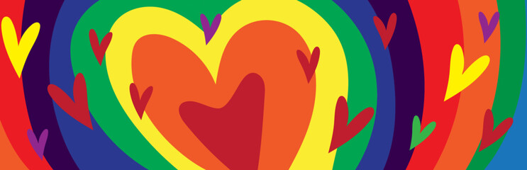 Bright Colorful Abstract Hearts and Rainbow. Vector Background.  Pop Art Style Vector Pattern for Love, Pride and Celebration Theme