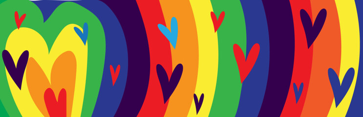 Bright Colorful Abstract Hearts and Rainbow Vector Background. Pop Art Style Vector Pattern for Love, Pride and Celebration Theme