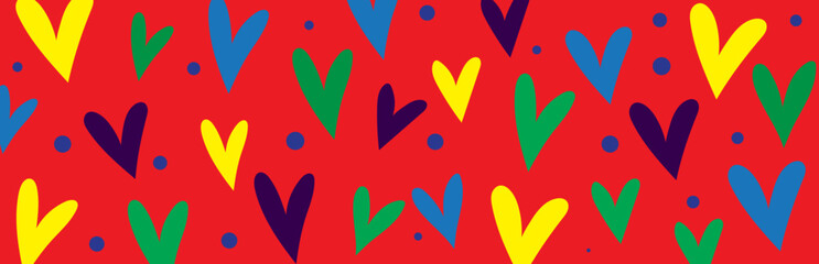 Colorful Hearts. Abstract Colorful Rainbow Colors on Red Vector Background. 