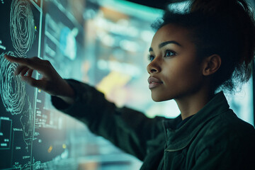 Young woman interacts with digital display in a modern workspace at night. Generative AI