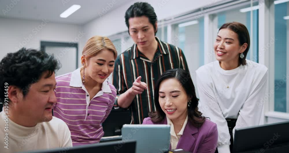 Poster japanese, business people and discussion with computer in office as software engineer for web agency