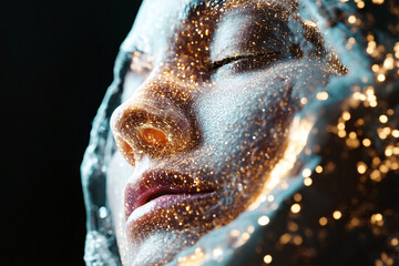 AGI human face dissolving into digital mesh