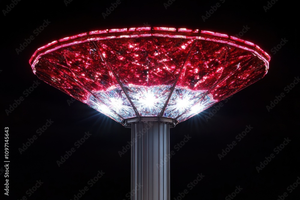Poster a striking illuminated structure resembling a large umbrella or canopy.