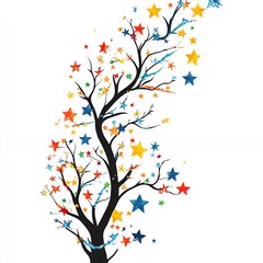 Obraz premium Colorful Autumn Tree With Abstract Star Decorations Showcasing Nature's Beauty and Artistic Creativity