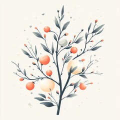 Bright and Colorful Illustration of a Branch With Fruits and Leaves Set Against a Light Background, Perfect for Seasonal Decor or Design Projects