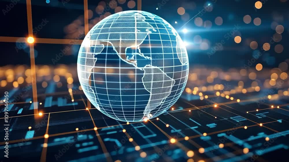 Poster a digital representation of a globe with grid lines and glowing connections, symbolizing global conn