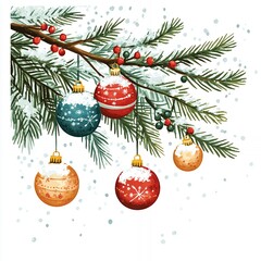 Christmas Ornaments Hanging From a Snow-Covered Pine Branch in a Winter Wonderland