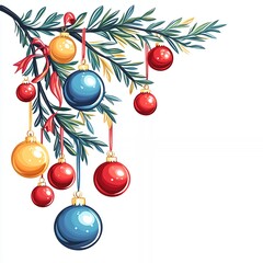 Colorful Christmas Ornaments Hanging From a Pine Branch During the Festive Holiday Season