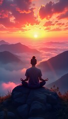 Fototapeta premium Woman meditates mountaintop sunrise. Peaceful yoga pose overlooking misty valley. Vibrant sunset colors paint sky. Serene nature landscape. Breathtaking view. Travel adventure.