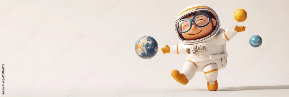 Poster a cheerful astronaut juggling planets, symbolizing exploration and imagination.
