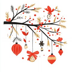 Colorful Holiday Ornaments Hanging From a Decorated Branch With a Festive Winter Theme