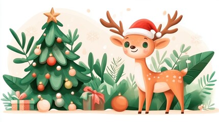 Naklejka premium Festive reindeer in santa hat with decorated christmas tree and gifts