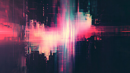Naklejka premium Create a futuristic cityscape with glitch art effect, distorted digital elements, and vibrant colors for technology or cyberpunk themes