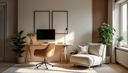 Modern home office setup features ergonomic chair desk plants. Stylish workspace design includes contemporary decor. Bright sunlight illuminates room. Cozy and productive environment for remote work.