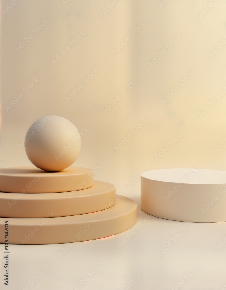 Poster beige minimal background. product display. sphere rests on tiered platform. white cylinder. simple c