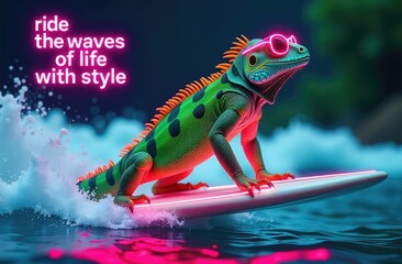 Lizard surfing on a neon board with sunglasses in a vibrant ocean wave setting