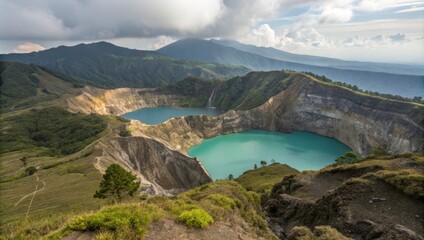 Crater Lakes Danau Alapola and Kootainuamuri in Volcanic Landscape During Daylight Hours. Generative AI