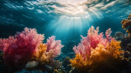 Colorful soft corals thriving under sunbeams on a tropical coral reef's ocean floor