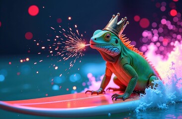 Iguana surfing on a colorful board while wearing a crown with fireworks in the background