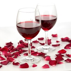Two Wine Glasses with Red Wine and Rose Petals on White Background