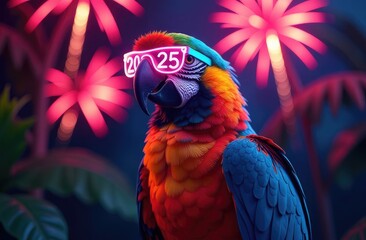 Obraz premium Colorful parrot wearing sunglasses celebrates New Year with fireworks in a tropical setting
