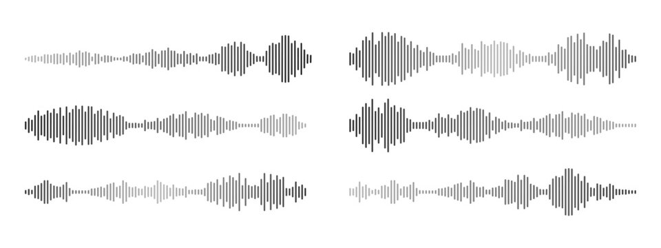 Sound waves of voice audio message recordings, . Podcast sound wave for online audio broadcasting. Vector set of music symbols, for music player and voice messages