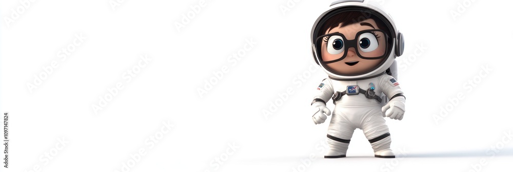 Poster a cute cartoon character in a spacesuit, representing exploration and adventure in space.