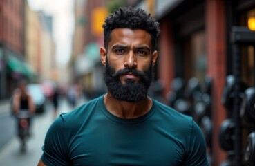 Fototapeta premium Stylish bearded man stands urban street. Confident male model wears dark shirt. Person poses for portrait. Fashionable individual. Masculine intense look.