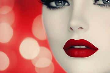 Obraz premium Close up of a mannequins lips with bright red lipstick against a blurred blue background