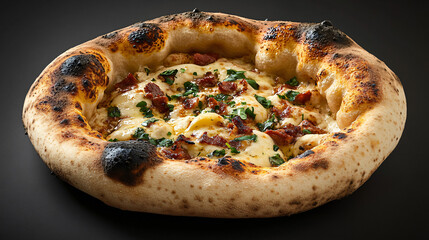 Neapolitan pizza with high edge, bacon, melted cheese, and parsley topping, resting on a dark surface