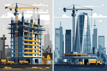 Modern construction site with cranes and skyscrapers under development

