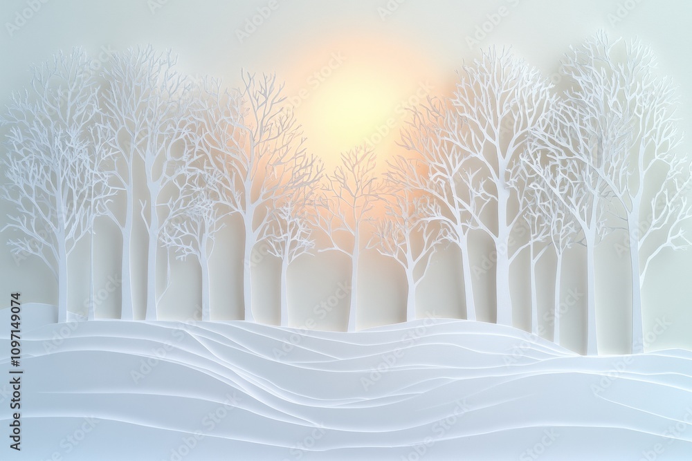 Poster delicate white paper silhouettes create a tranquil winter forest, with trees softly illuminated by a
