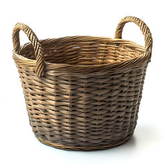Obraz premium The large woven rattan basket is made from natural seagrass and has two handles, with the top open for carrying items or using as a storage container, isolated on a white background