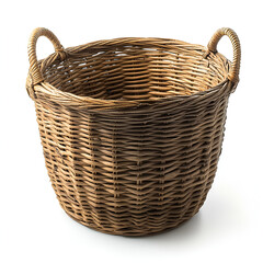 Obraz premium The large woven rattan basket is made from natural seagrass and has two handles, with the top open for carrying items or using as a storage container, isolated on a white background