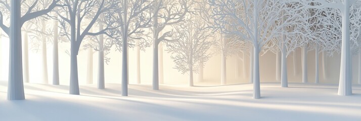 Serene winter forest features intricate white paper silhouettes of trees, casting shadows in gentle, diffused light. Generative AI