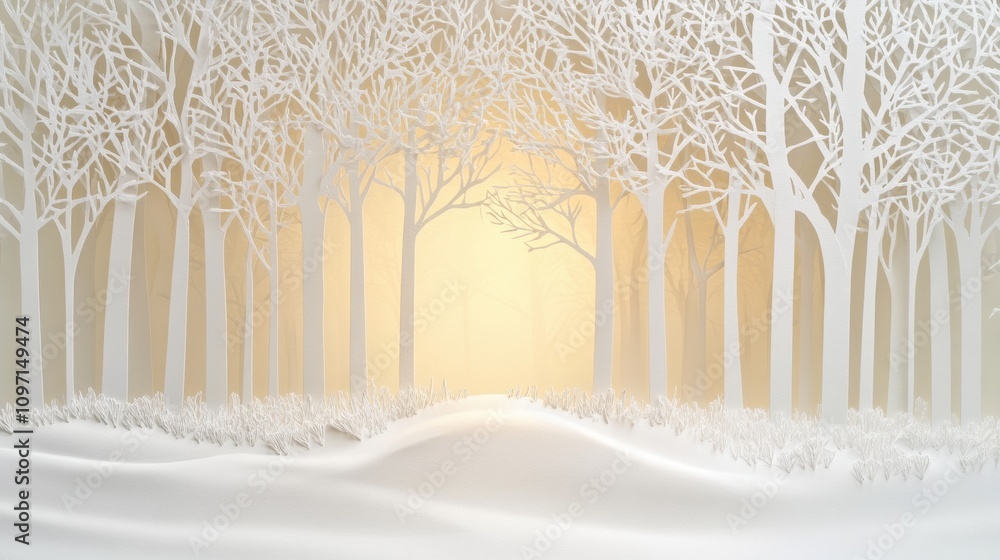 Fototapete White paper silhouettes create a calming winter forest with bare trees and gentle hills, illuminated by warm light in the background. Generative AI