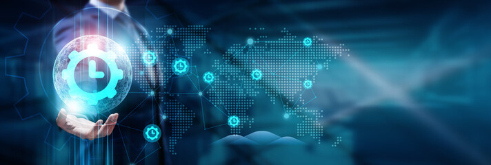 .Hand touching a global network: technology, connection, future, innovation, efficiency—time management redefined in a connected world.