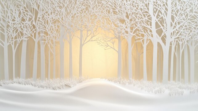 White paper silhouettes create a calming winter forest with bare trees and gentle hills, illuminated by warm light in the background. Generative AI - Powered by Adobe