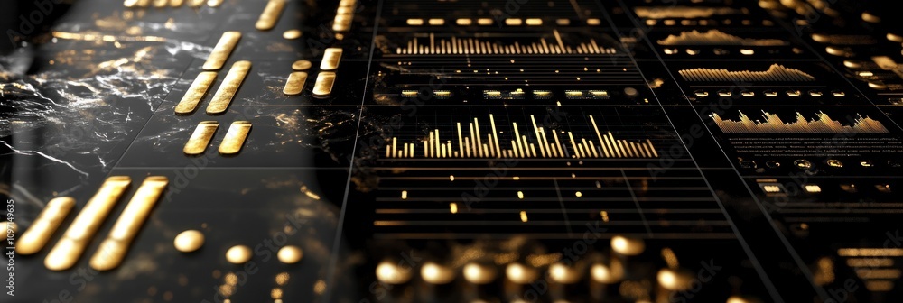 Poster Abstract data visualization with golden elements on a dark background.