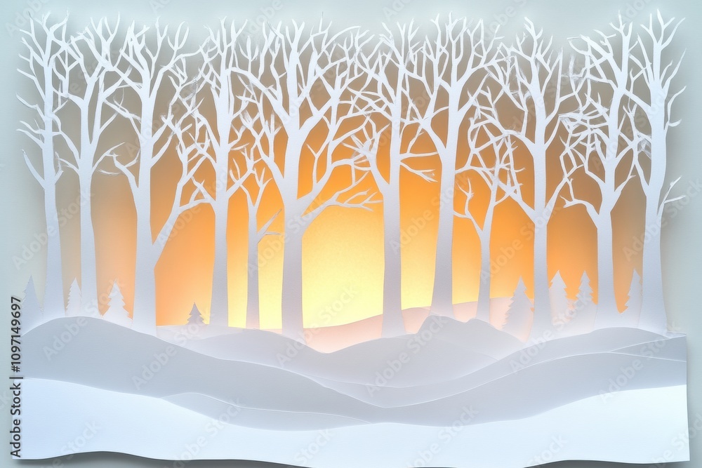 Poster this artwork displays a tranquil winter forest made from white paper silhouettes, complemented by a 