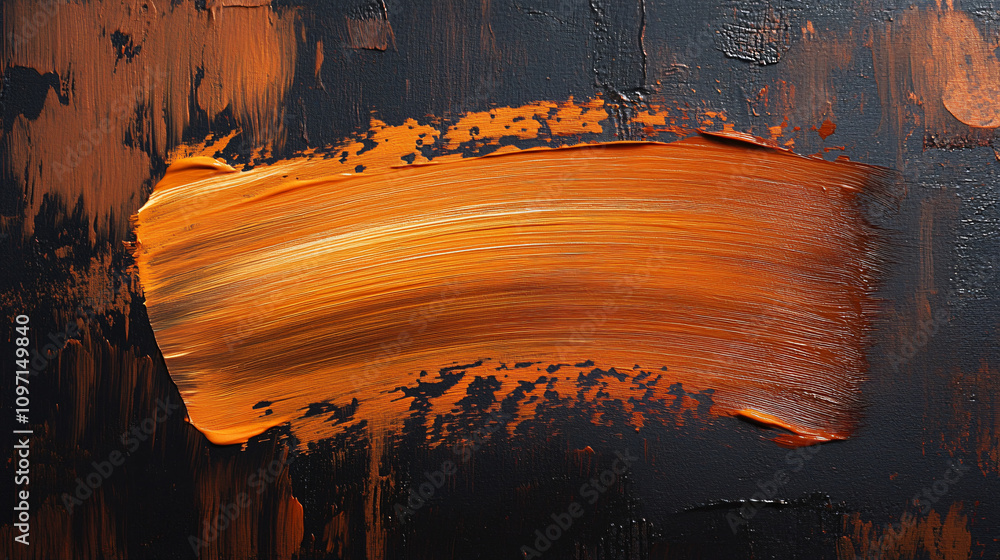 Aufkleber creating an abstract textured background with a brush stroke of orange acrylic paint on a black canv