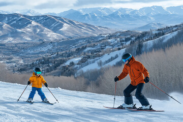 Family skiing adventure in a snowy mountain landscape. Generative AI