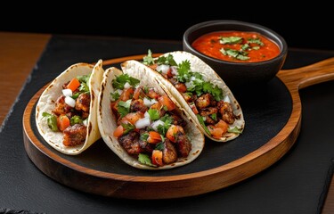 Delicious taco filled with seasoned meat and fresh vegetables served with salsa