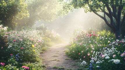 Fototapeta premium Winding gravel path through a vibrant garden, filled with blooming flowers and bathed in morning sunlight filtering through the fog