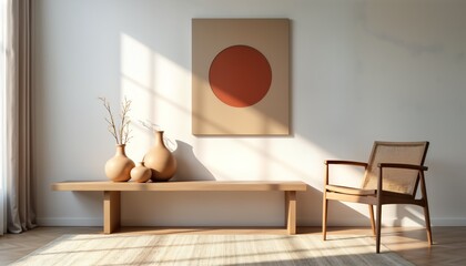 Minimalist living room interior design features wooden table. Decorative vases sculptures adorn table. Wooden chair seat complements abstract wall art. Sunlight streams room. Modern home decor.