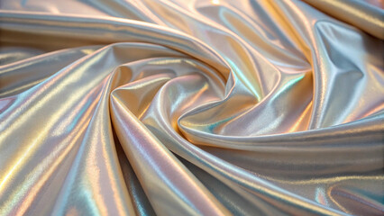 A pink iridescent fabric shines with gold and blue tones, creating a magical look. The plain background emphasizes its dreamy and central presence in the image.