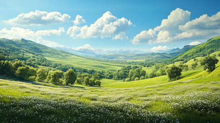 Obraz premium Scenic landscape of green meadows and white flowers leading to rolling hills and majestic mountains under a summer cloudy sky